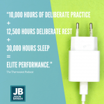 S4 E24: Rest: The Power of Recharging. The image shows a power adapter or charging adapter, get it haha... with the words, 10K hours of deliberate practice + 12.5K hours of Deliberate Rest + 30K hours of sleep = Elite Performance.
