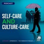 Season 7 Episode 38: Self-care AND Culture-Care. Shows man with umbella and a bunch of people behind him in the rain getting wet.