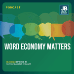 Season 8 Episode 41: Word Economy Matters. A globe with a stock trend line going up and coins inserted into a globe like a piggy bank