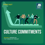 Season 8 Episode 48: Culture Commitments. Many people banding together with a rope pull pointing a large arrow up.