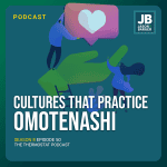 Season 8 Episode 50: Cultures That Practice Omotenashi. Person standing on a large hand with other people grabbing that hand as well and the person at the top is holding a voice icon of a heart that is pink.