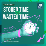 Season 9 Episode 7: Stored Time vs. Wasted Time. Image of a hand holding a clock with bright pink arrows swirling around it in a retro 90s brightly colored look, so retro!