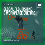 Season 9 Episode 25: Global Flourishing and Workplace Culture. Image of hand holding key with person silhoutte jogging up the stairs