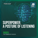Season 9 Episode 29: Superpower: a Posture of Listening. A face that is showing a cross section in a futuristic blueprint style look.