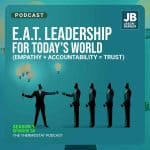 Season 9 Episode 38: E.A.T. Leadership for Today's World. Image of man giving other men in suits balloons that are light bulbs as if leaders are passing ideas around.