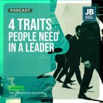 4 Trails People need in a leader. Shows people following in a line wearing suits.