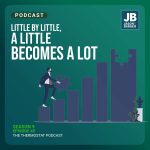 Season 9 Episode 45: Little By Little, A Little Becomes A Lot. Man walking up steps that is a bar chart going up.