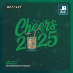 Cheers to 2025! Image of text with 2025 and a tropical drink with a fun umbrella in cartoon style and snowflakes fluttering all around.