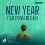Season 10 Episode 1: New Year Your Canvas is Blank. Man standing in front of a blank wall filled with paper