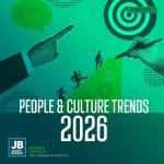 Season 10 Episode 6: People and Culture Trends 2026. The finger points up in an abstract image with stairs being drawn by a hand with cutouts of people walking and running upwards toward a bullseye.
