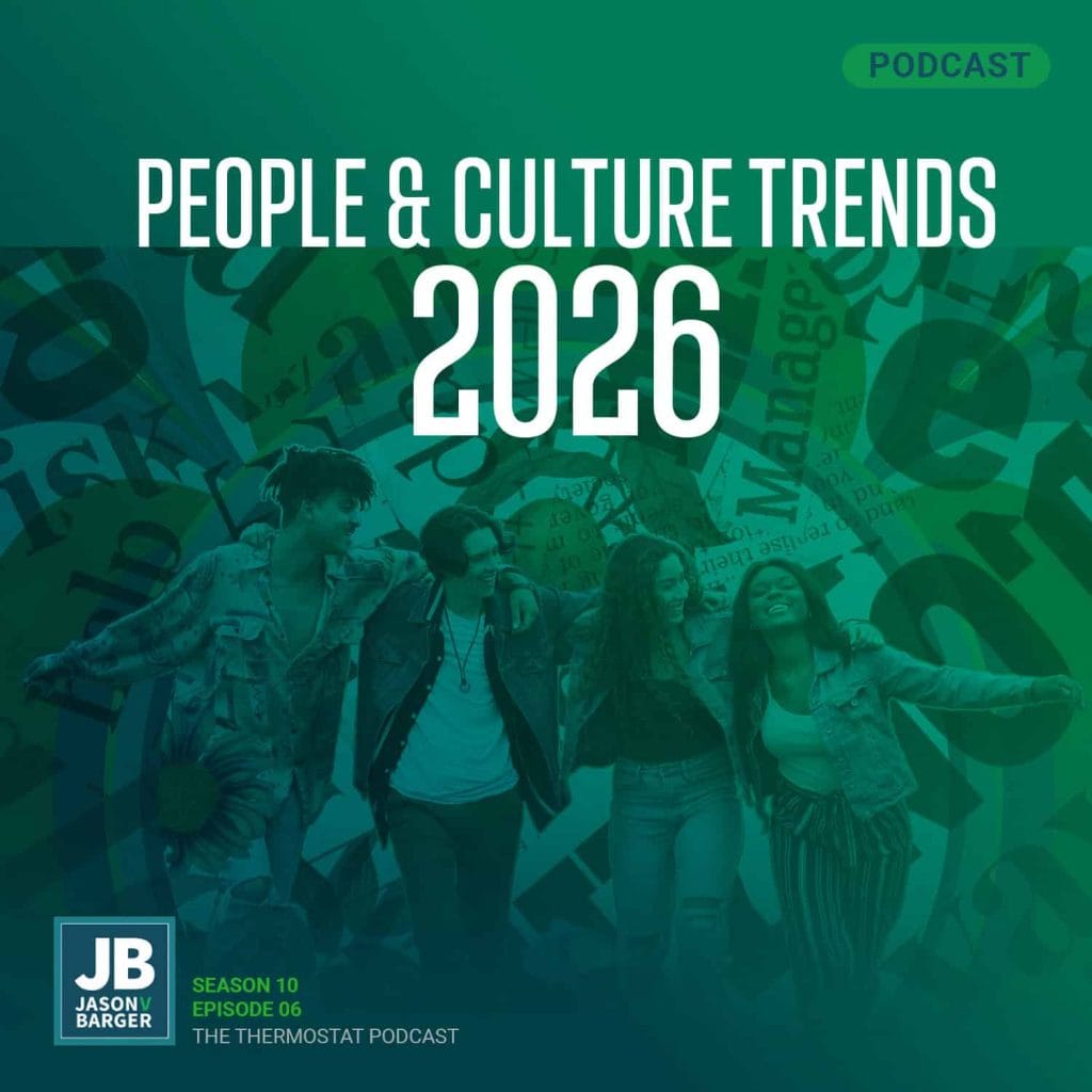 Season 10 Episode 6: People and Culture Trends 2026. The finger points up in an abstract image with stairs being drawn by a hand with cutouts of people walking and running upwards toward a bullseye.